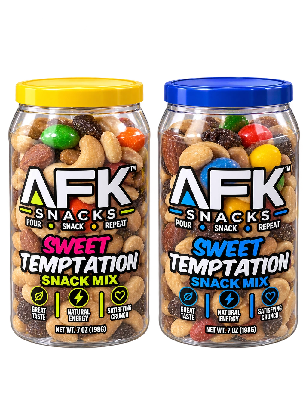 AFK Sweet Temptation Snack Mix jars with yellow and blue lids