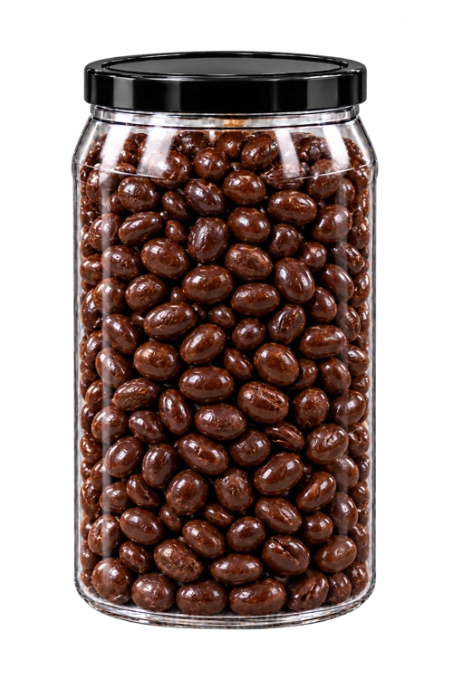 Unlabelled chocolate-covered coffee bean container with black lid