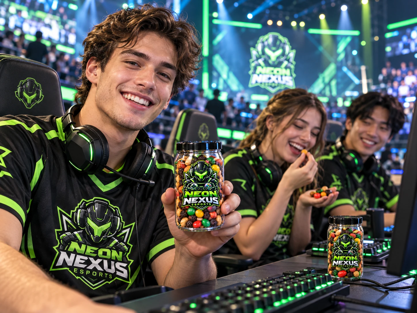 Neon Nexus esports teammates enjoying their custom-branded snack cans between tournament rounds
