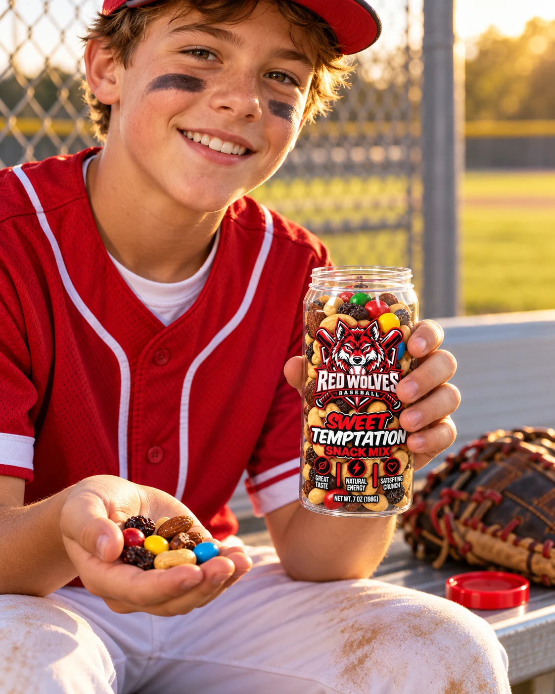 Youth baseball player enjoying Red Wolves snack mix on a baseball bench