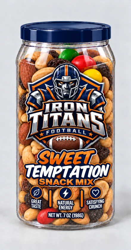 Iron Titans branded snack container, Football · Sweet Temptation