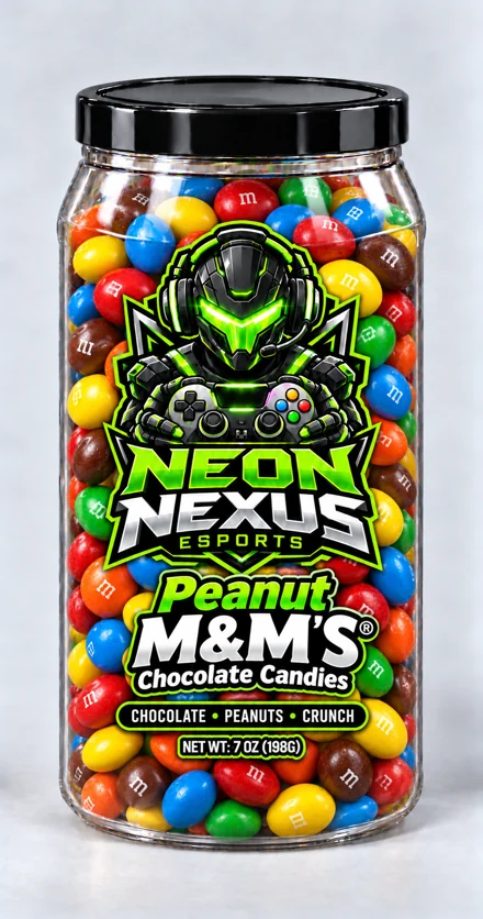 Neon Nexus branded snack container, Esports · Peanut chocolate candies