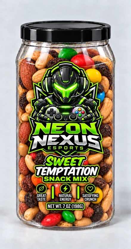 Neon Nexus branded snack container, Esports · Sweet Temptation