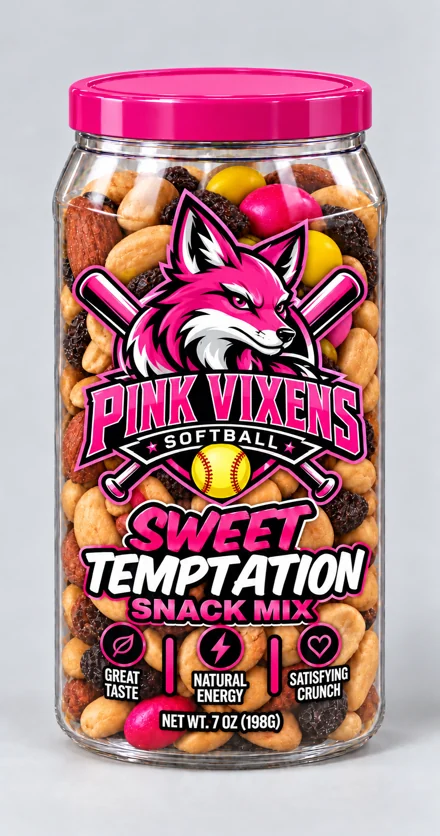 Pink Vixens branded snack container, Softball · Sweet Temptation