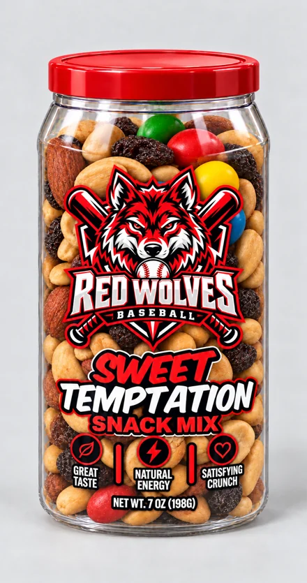 Red Wolves branded snack container, Baseball · Sweet Temptation